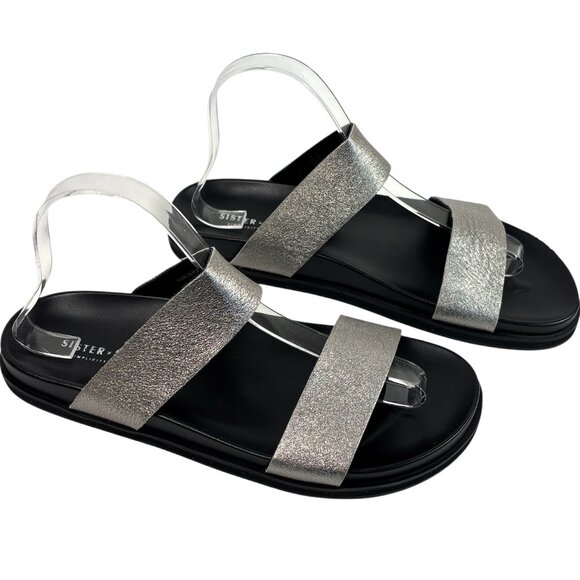 Sister x Soeur‎ Silver Leather Sandals Women’s 39 8/8.5 Metallic Two Strap - Picture 1 of 13